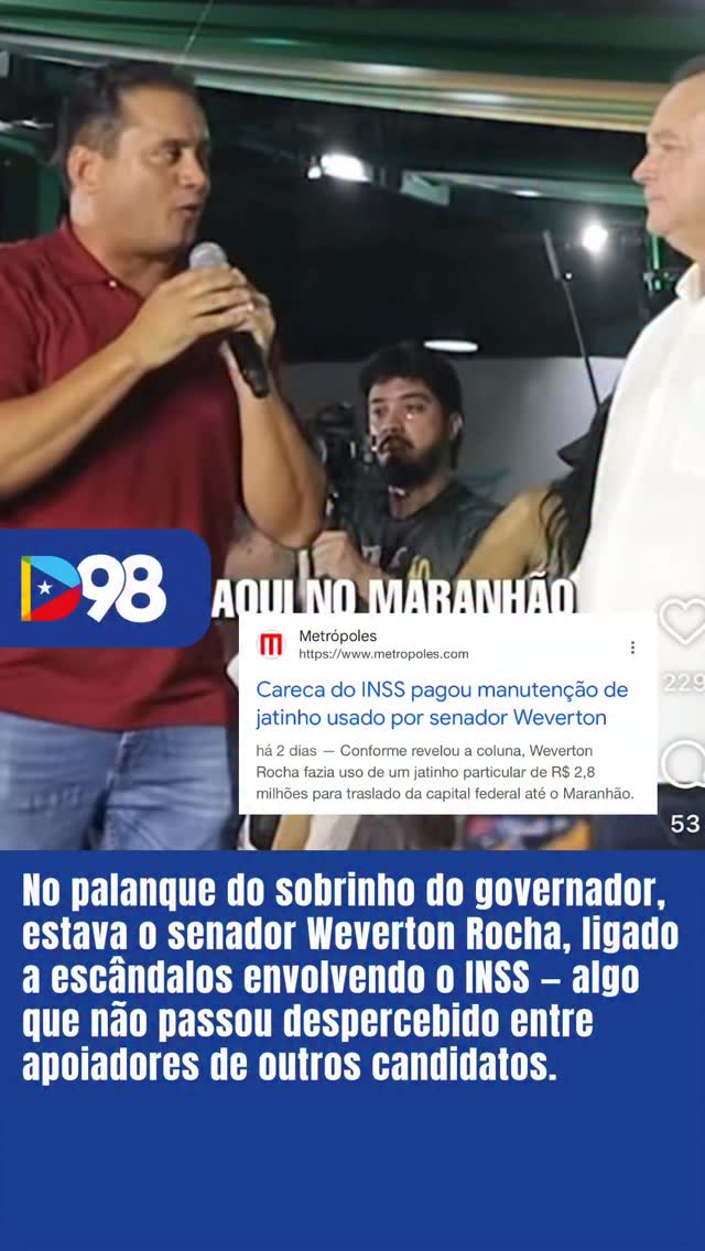 👀 Diga-me com quem andas… 

A presença do senador Weverton Rocha no palanque do sobrinho do governador, ligado a escândalos envolvendo o INSS, não passou despercebida e foi comentada por apoiadores de outros candidatos