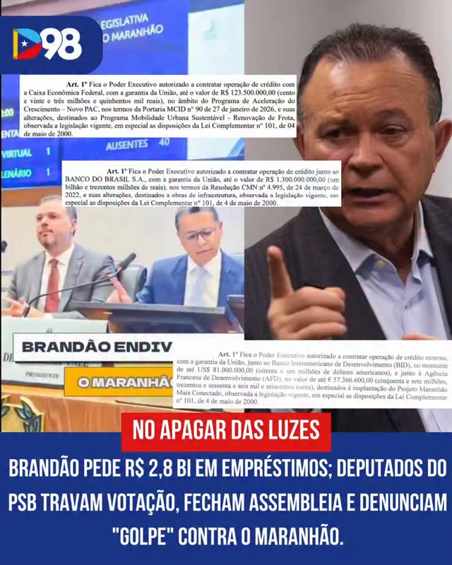 Alerta sobre empréstimos no fim do governo 🚨

Os Deputados Carlos Lula e Rodrigo Lago denunciaram o envio de um pacote que soma quase R$ 2,8 bilhões em empréstimos pelo Governo do Maranhão na reta final do mandato. Só um dos projetos prevê R$ 1,3 bilhão junto ao Banco do Brasil.

Além disso, há operações internacionais que chegam a US$ 81 milhões e € 57,3 milhões, ampliando o risco com a variação do dólar e do euro. O pacote inclui ainda R$ 140,3 milhões e R$ 149,2 milhões para habitação, além de mais R$ 123,5 milhões para renovação da frota de ônibus.

Os valores, somados, podem comprometer as finanças do estado por décadas — com dívidas assumidas agora, mas pagas ao longo dos próximos governos.

#Maranhão #Empréstimos #Economia #Política #diario98