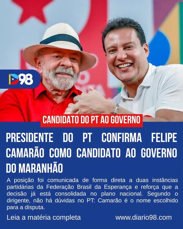 O presidente nacional do PT confirmou à direção do PCdoB e ao diretório estadual que Felipe Camarão é o candidato do partido ao governo do estado.

A decisão reforça o alinhamento da base e vem acompanhada do apoio do presidente Lula, consolidando o nome do vice-governador na disputa.
#Maranhão #Política #PT #Eleições #Diário98