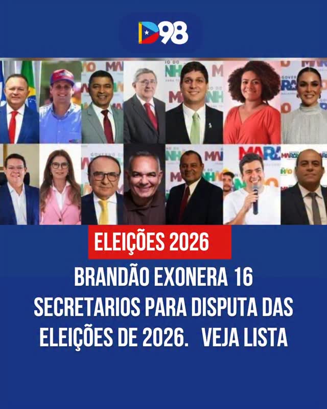 O governo do Maranhão começou a reorganizar sua estrutura com foco nas eleições de 2026.

O governador Carlos Brandão exonerou 16 secretários e dirigentes de órgãos estaduais que vão disputar cargos no próximo pleito. A saída dos nomes marca o início mais concreto das movimentações políticas dentro da própria gestão.

📋 Confira a lista:

• Sebastião Madeira – Casa Civil
• Orleans Brandão – Assuntos Municipalistas
• Júnior Viana – Articulação Política
• Vinícius Ferro – Planejamento
• Washington Oliveira – Representação no DF
• Natassia Weba – Ciência e Tecnologia
• Abigail Cunha – Mulheres
• Tiago Fernandes – Saúde
• Bira do Pindaré – Agricultura Familiar
• Paulo Casé – Desenvolvimento Social
• Luís Henrique – Trabalho
• Yuri Arruda – Cultura
• Wolmer Araújo – Pesca
• Cricielle Aguiar – IEMA
• Francilene Paixão – AGERP
• Anderson Ferreira – ITERMA

A movimentação atinge áreas centrais do governo e mostra que a corrida eleitoral já começou a mexer nas peças dentro do Palácio dos Leões.

Leia mais em diário98.com ou no link da bio

#Diario98 #PolíticaMA #Maranhão #Brandão #Eleições2026