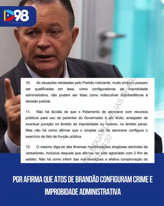 A Procuradoria-Geral da República colocou um novo peso no debate envolvendo o governo do Maranhão.

Em manifestação ao STF, a PGR apontou que atos da gestão de Carlos Brandão podem configurar crimes e improbidade administrativa, com destaque para o uso de recursos públicos em benefício de familiares.

O órgão não pediu o afastamento imediato do governador, mas deixou claro que os fatos são graves e precisam ser apurados nas esferas penal e cível.

Enquanto isso, cresce a pressão sobre as instituições locais. A atuação do Ministério Público do Maranhão passa a ser questionada diante do contraste com a posição adotada pela PGR em Brasília.

Leia mais em diario98.com ou no link da bio

#Diario98 #Política #Maranhão #Brandão #PGR STF