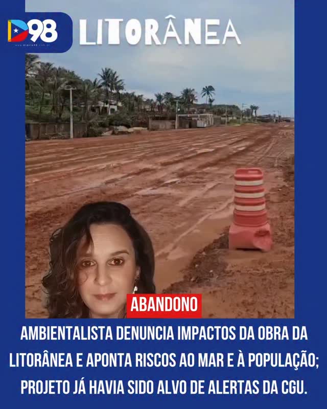 A obra de extensão da Avenida Litorânea voltou ao centro das discussões após um vídeo da ambientalista e doutora em estudos do desenvolvimento, Leila Figueiredo, ganhar repercussão nas redes.

Nas imagens, ela critica a condução da obra e relata problemas como erosão, ausência de controle de sedimentos e escoamento de resíduos para o mar, especialmente após as chuvas. Segundo ela, a situação pode afetar diretamente a mobilidade na região e aumentar riscos ambientais em uma área já sensível.

A obra é de responsabilidade do Governo do Maranhão e conta com recursos do PAC, do governo federal. 
O projeto já havia sido alvo de alertas de órgãos de controle, como a CGU, ainda durante sua execução.

#Diario98 #Maranhão #SãoLuís #Litorânea #MeioAmbiente PolíticaMA