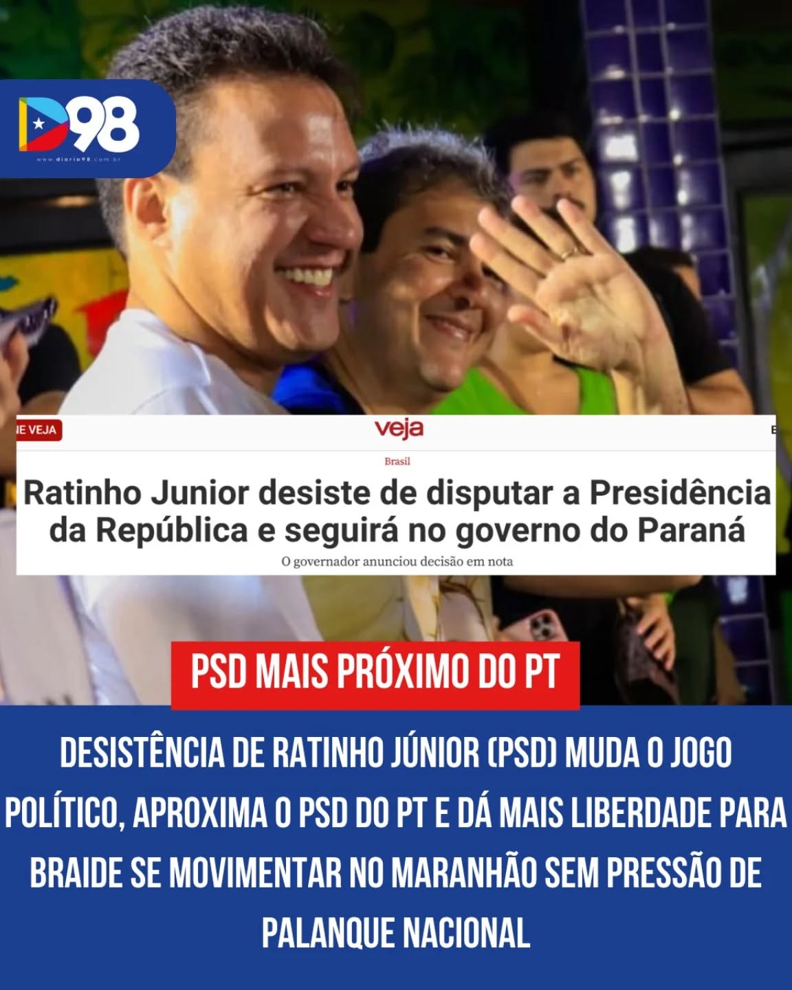 A desistência de Ratinho Júnior de disputar a presidência mudou o jogo político.

Sem candidatura própria, o PSD fica mais livre para se aproximar do PT e do governo Lula. No Maranhão, isso abre espaço para novas articulações, inclusive com nomes como Felipe Camarão.

Nesse cenário, Eduardo Braide ganha mais liberdade para se movimentar e dialogar no estado sem pressão de um palanque nacional.

#Política #Maranhão #PSD #PT #EduardoBraide FelipeCamarão Lula