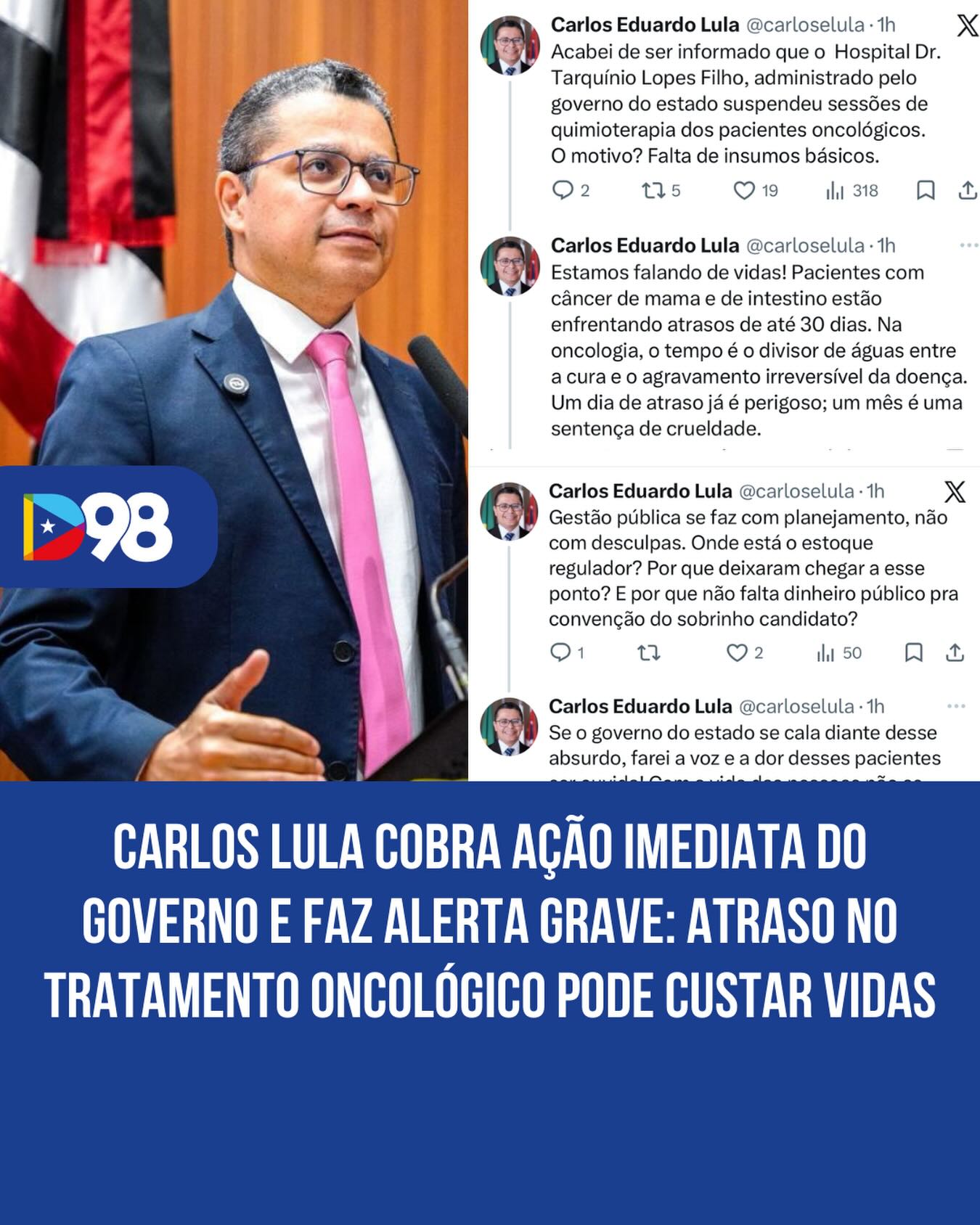 O deputado estadual Carlos Lula cobrou providências urgentes do Governo do Estado após a suspensão de sessões de quimioterapia de pacientes oncológicos por falta de insumos básicos.

O parlamentar fez um alerta grave: na oncologia, o atraso no tratamento pode custar vidas.
A Secretaria de Saúde confirmou a falta de insumos, mas não informou os motivos nem apresentou previsão para a retomada dos atendimentos.
