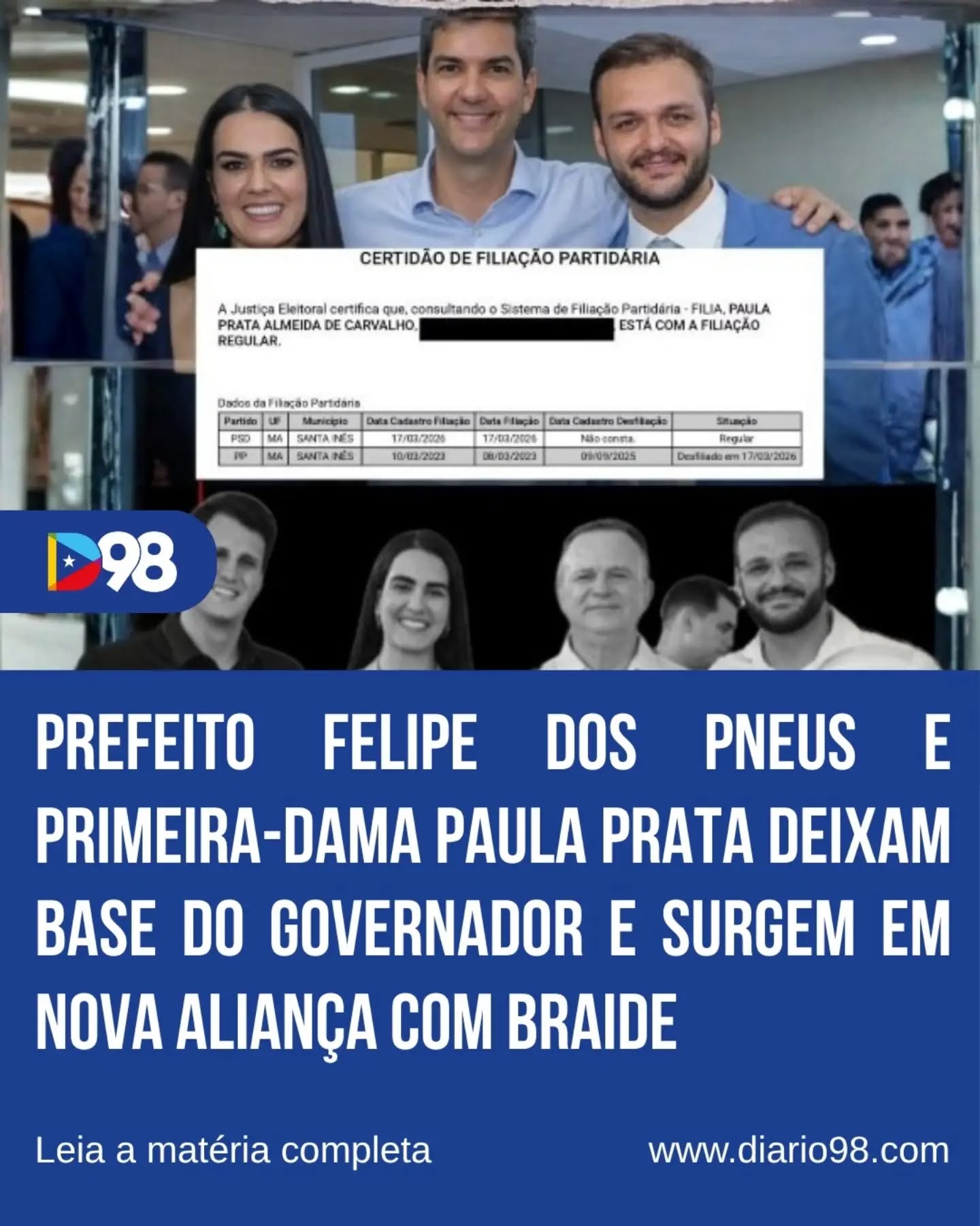 Santa Inês acende alerta na base do governo. A filiação de Paula Prata ao PSD, ao lado do prefeito Felipe dos Pneus, é vista como mais um sinal de debandada em direção ao grupo de Eduardo Braide.

Com Braide liderando as pesquisas, aliados começam a deixar o campo de Carlos Brandão e reposicionar suas alianças no interior do estado.

O movimento aumenta a pressão política e reforça a expectativa de novas saídas nos próximos meses.

Leia no 👉 diario98.com

#Diario98 #Política #Maranhão #SantaInês #Debandada Braide Brandão FelipeDosPneus Eleições2026