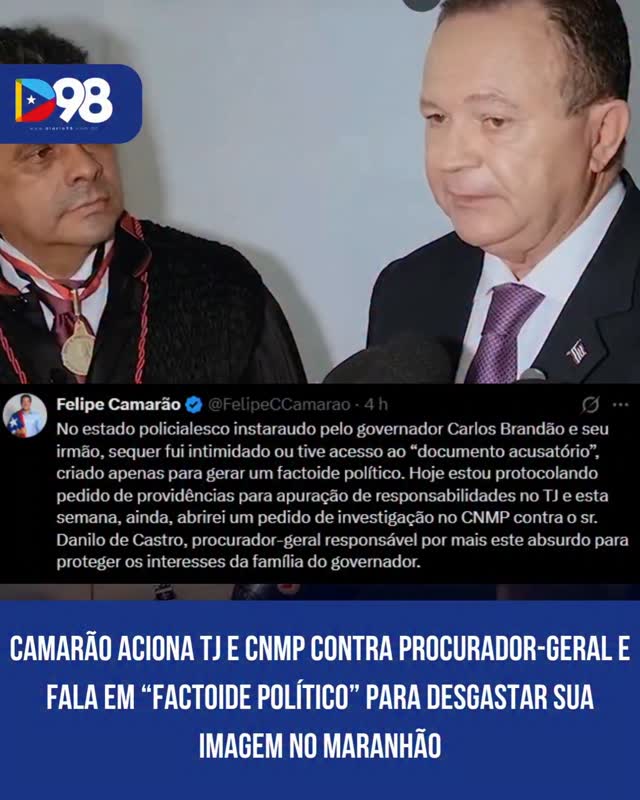 O vice-governador do Maranhão, Felipe Camarão, anunciou que acionou o Tribunal de Justiça (TJ-MA) e o Conselho Nacional do Ministério Público (CNMP) contra o procurador-geral de Justiça, Danilo de Castro.

Segundo Camarão, a peça divulgada pela Procuradoria tem “vícios e ilegalidades”, além de expor informações pessoais de sua filha e outros familiares menores de idade. Ele também classificou o caso como um “factoide político” criado para desgastar sua imagem em meio ao cenário eleitoral.

O vice-governador afirmou que não foi intimado previamente e garantiu que todas as suas movimentações financeiras estão declaradas no Imposto de Renda. Ele diz que vai comprovar a legalidade dos seus atos na Justiça.

Leia a notícia completa em diário98.com ou no link da bio

#FelipeCamarão #Maranhão #Política #Justiça #CNMP