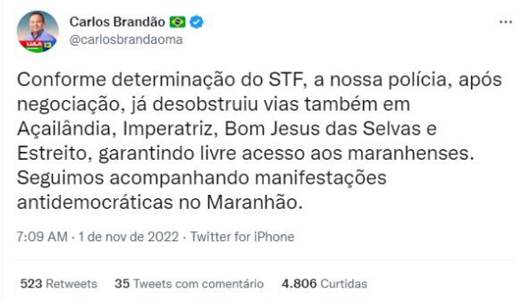 O governador Carlos Brandão confirmou a atuação da PM em ações de desbloqueio de rodovias federais que cortam o MA