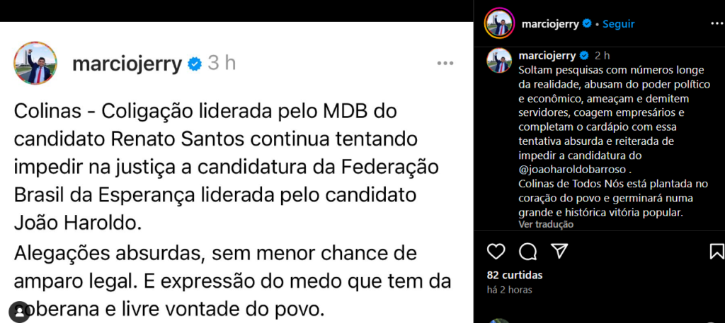 Recorte das redes sociais do deputado Marcio Jerry