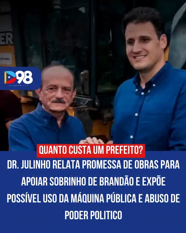 O prefeito de São José de Ribamar, Dr. Julinho, afirmou que decidiu apoiar o grupo do governador Carlos Brandão após receber promessas de obras e benefícios para o município.

Segundo ele, foram prometidos 40 km de asfalto, 20 km de bloquetes, além de veículos e outras ações. A declaração foi feita ao comentar o apoio ao pré-candidato Orléans Brandão, sobrinho do governador.

“Prometeu asfalto, blocos, carros… uma série de coisas importantes”, disse o prefeito.

A fala levanta questionamentos sobre possível uso da máquina pública e troca de apoio político por obras — prática que pode configurar abuso de poder e deve ser analisada por órgãos de controle.

Leia mais em diario98.com ou no link da bio

#Diario98 #Política #Maranhão #Ribamar #Eleições