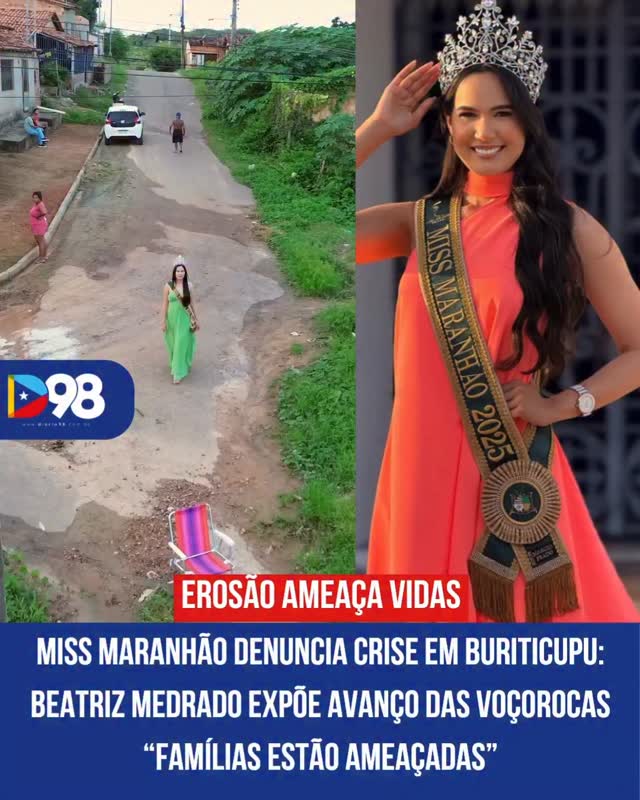 🚨 Buriticupu pede socorro!

A Miss Maranhão 2025, Beatriz Medrado, usou as redes para dar visibilidade a um problema antigo que volta a preocupar: o avanço das voçorocas, que já ameaça grande parte do território da cidade.

👀 Natural de Buriticupu, ela reforça que por trás das crateras existem famílias, histórias e vidas em risco.

⚠️ A erosão avança há anos e segue sem solução definitiva.

Dar visibilidade é o primeiro passo.

Acompanhe no diario98.com

#Buriticupu #Maranhão #Voçorocas #MeioAmbiente #Alerta Diario98