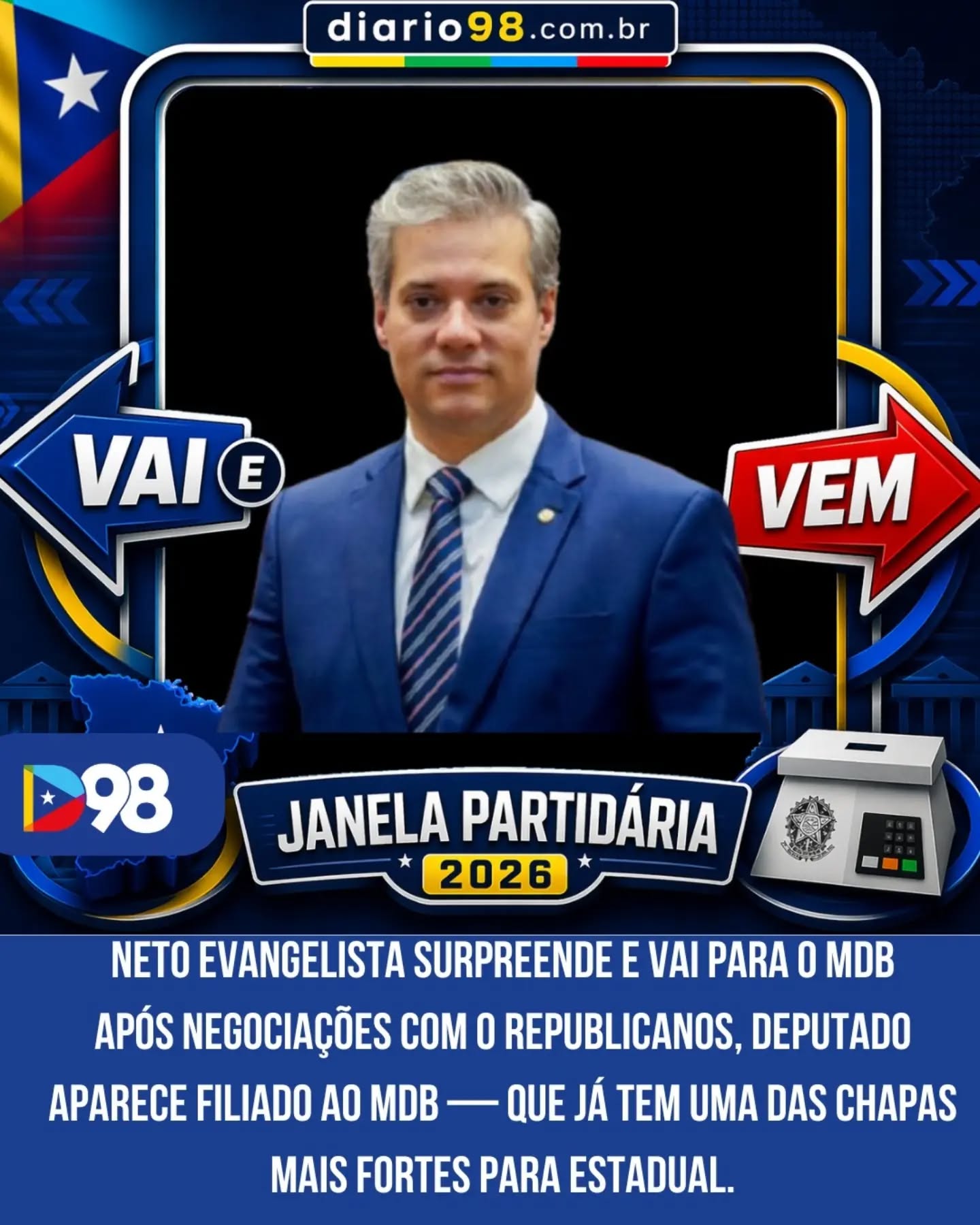 🚨 Neto Evagelista Surpreende e vai para o MDB

Após aparecer filiado ao MDB, o deputado Neto Evangelista reforça uma das chapas mais robustas para deputado estadual no Maranhão — que ainda pode ganhar Natássia Weba.

👀 A nominata já conta com nomes de peso como:
Iracema Vale, Gleydson Resende, Daniela Gentil, Cláudia Coutinho, Guilherme Paz, Ariston, Osmar Filho, Arnaldo Melo, Hélio Lucena, Antônio Pereira, Vanessa Marreca, Túlio Rezende, Francisco Nagib, Florêncio Neto, David Brandão, Abigail Cunha, Yure Arruda, Júnior Viana, Sebastião Madeira, Thiago Fernandes, Ricardo Arruda, Bruna Pessoa, Glaubert Cutrim e Rui Jorge.

🔥 Com esse time, o MDB se consolida como uma das principais forças na disputa de 2026.

Acompanhe no diario98.com

#Política #JanelaPartidária #MDB #VaiEVem #Eleições2026 Bastidores Diario98