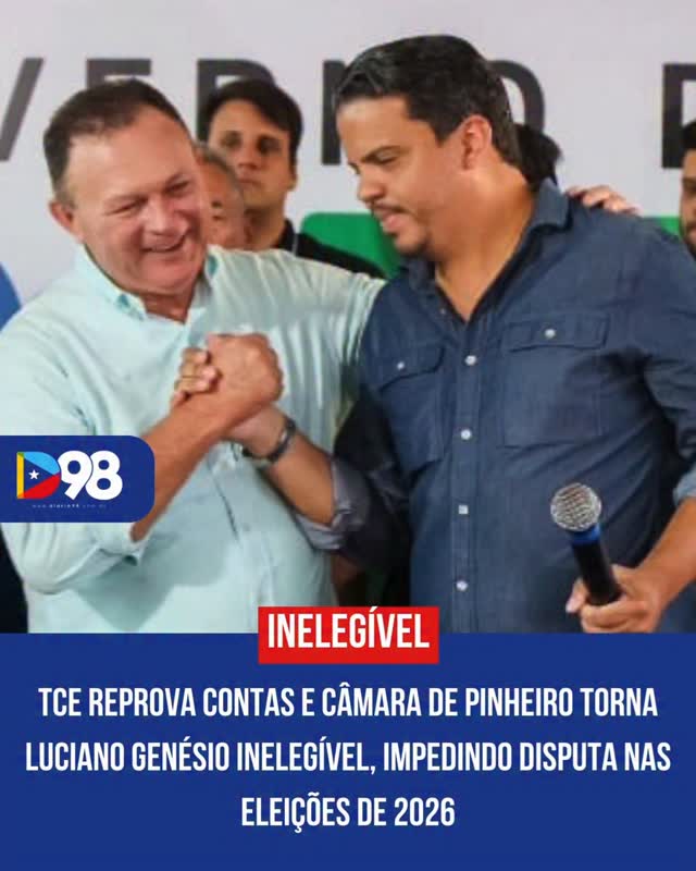 Luciano Genésio está inelegível e fora das eleições de 2026 após a Câmara de Pinheiro acompanhar o parecer do TCE e reprovar suas contas de gestão. A decisão foi baseada em irregularidades administrativas e possíveis falhas na aplicação de recursos públicos.

O ex-prefeito, que era apontado como pré-candidato a deputado federal, também foi alvo de operações da Polícia Federal que investigaram suspeitas de desvio de recursos durante sua administração.

📢 A decisão muda o cenário político em Pinheiro e impacta diretamente a disputa eleitoral de 2026.

#Diario98 #Politica #Maranhao #Pinheiro #Eleições2026